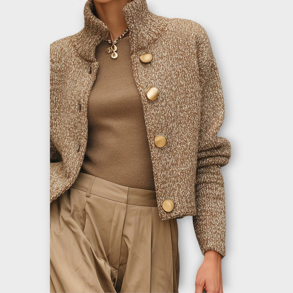 Teddy sherpa jacket with gold buttons and stand collar