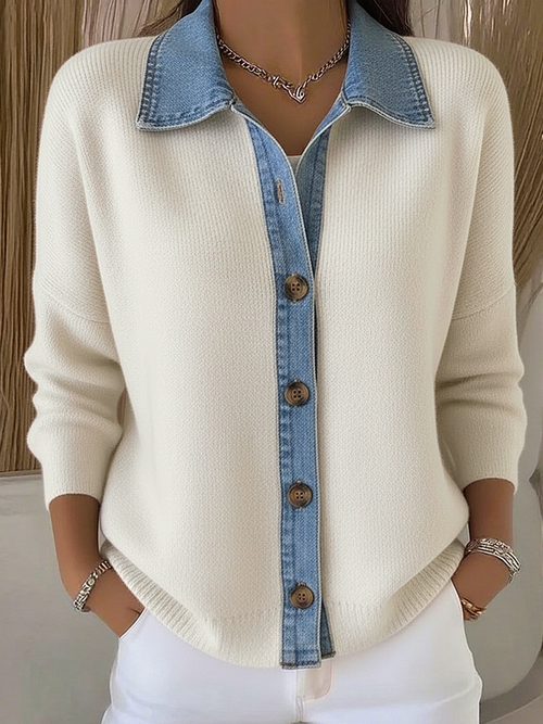 White knit cardigan with denim collar and button front, front view