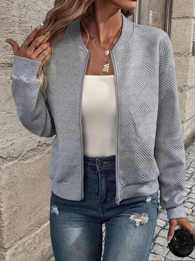 Gray casual zip front cardigan with ribbed trim