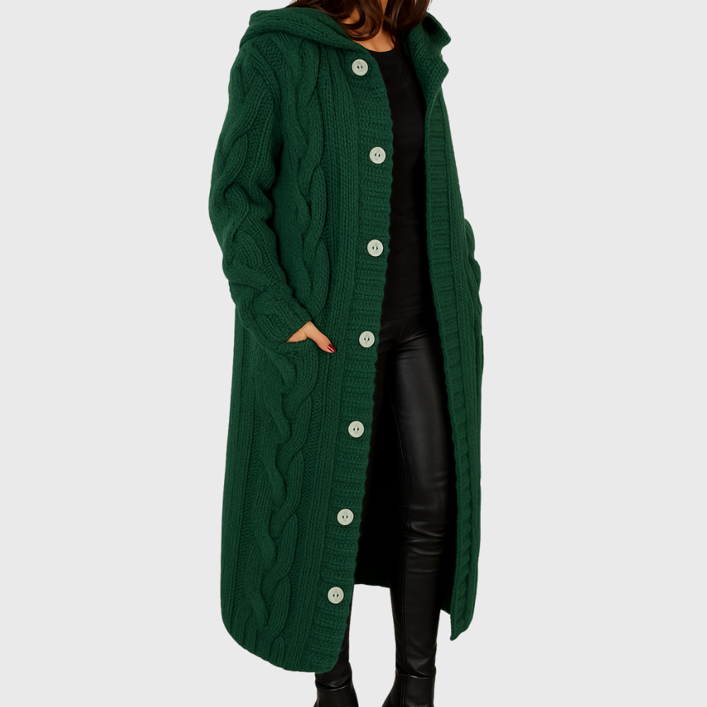 Hooded cable knit long cardigan with button front