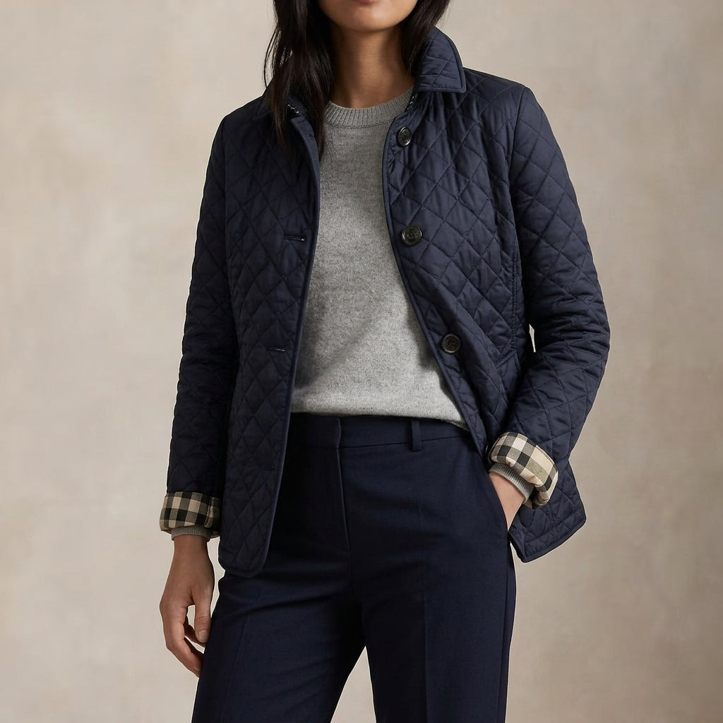 Blue diamond quilted jacket with button front and classic collar