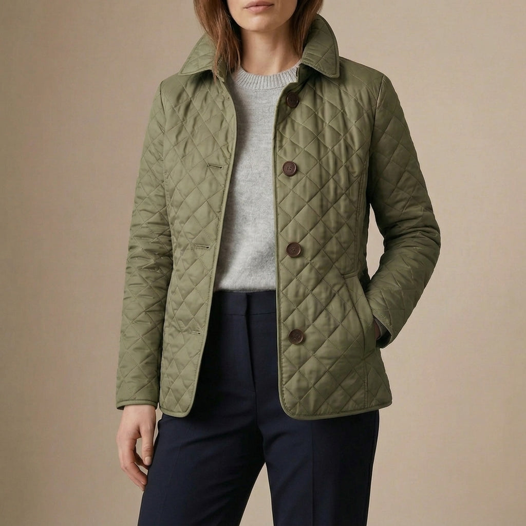 Green diamond quilted jacket with button front and classic collar