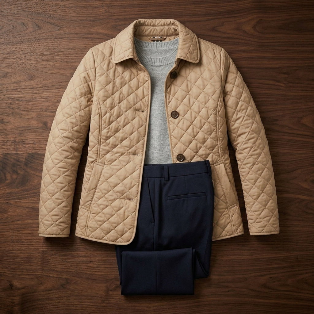 Beige diamond quilted jacket styled flat with navy pants