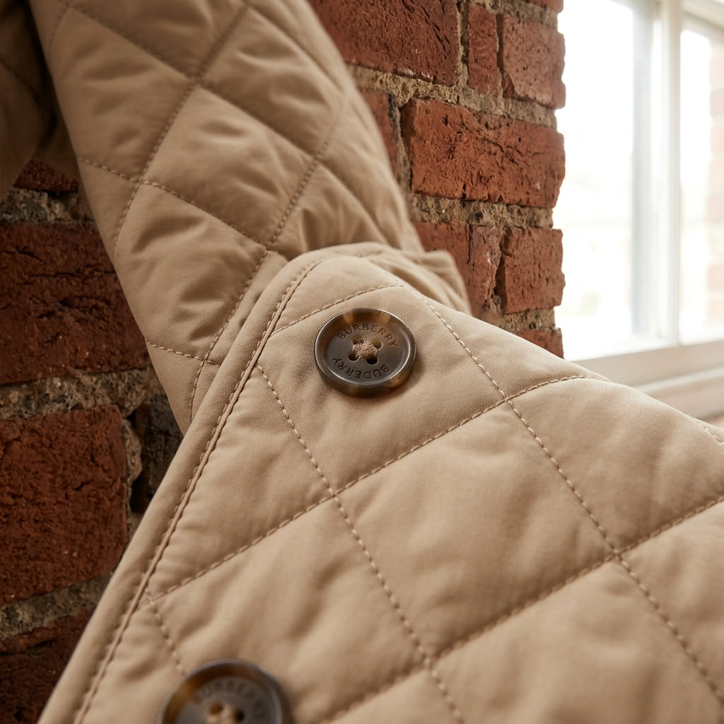 Beige diamond quilted jacket, diamond stitching and button close-up