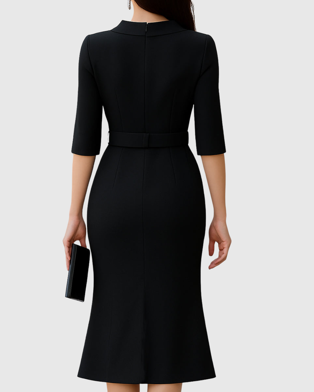 Black Midi Dress with High Neck and Belted Waist, view 3