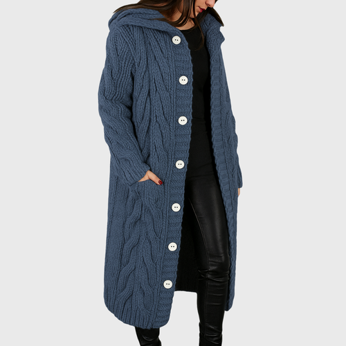 Hooded cable knit long cardigan with button front, front view