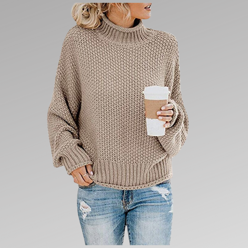 Beige chunky knit turtleneck sweater with drop shoulder sleeves