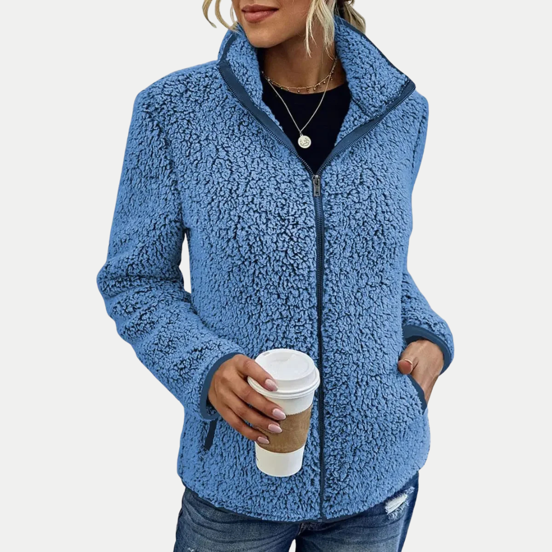 Blue zip up teddy fleece jacket, front view