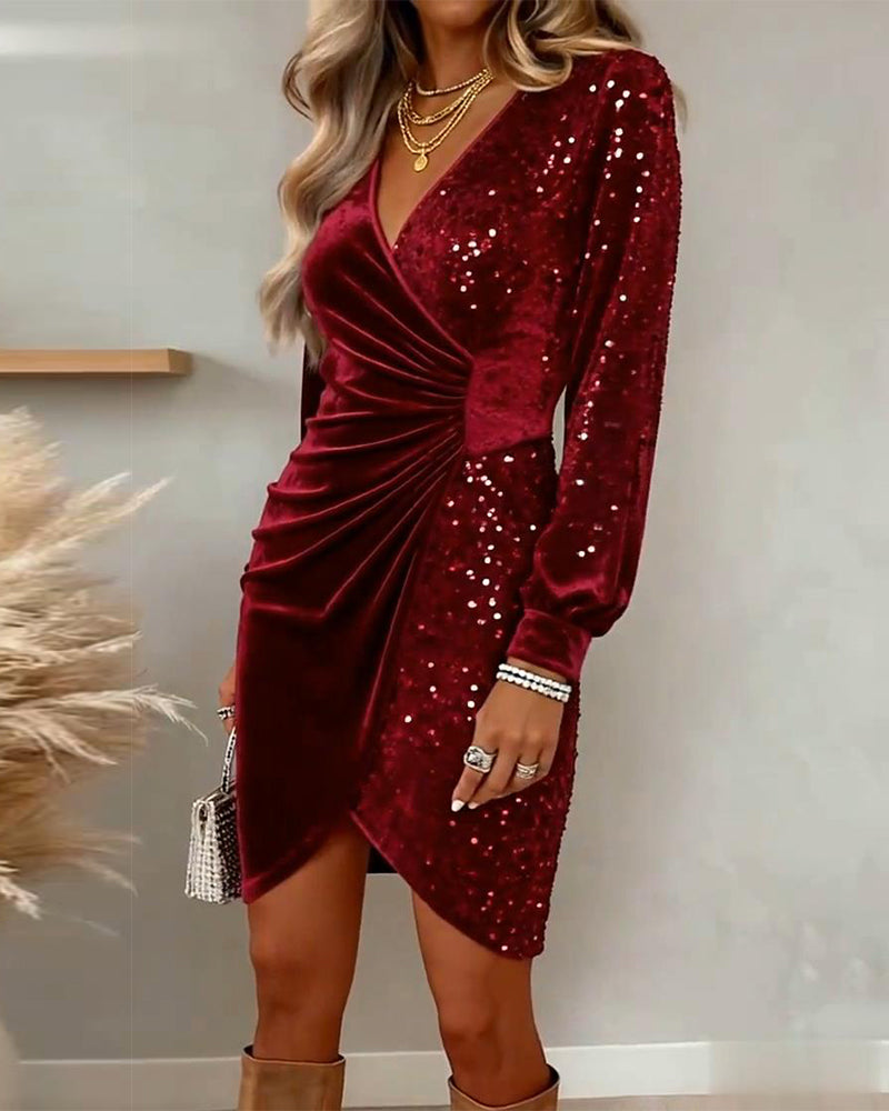 Yellow sequined velvet mini evening dress with long sleeves