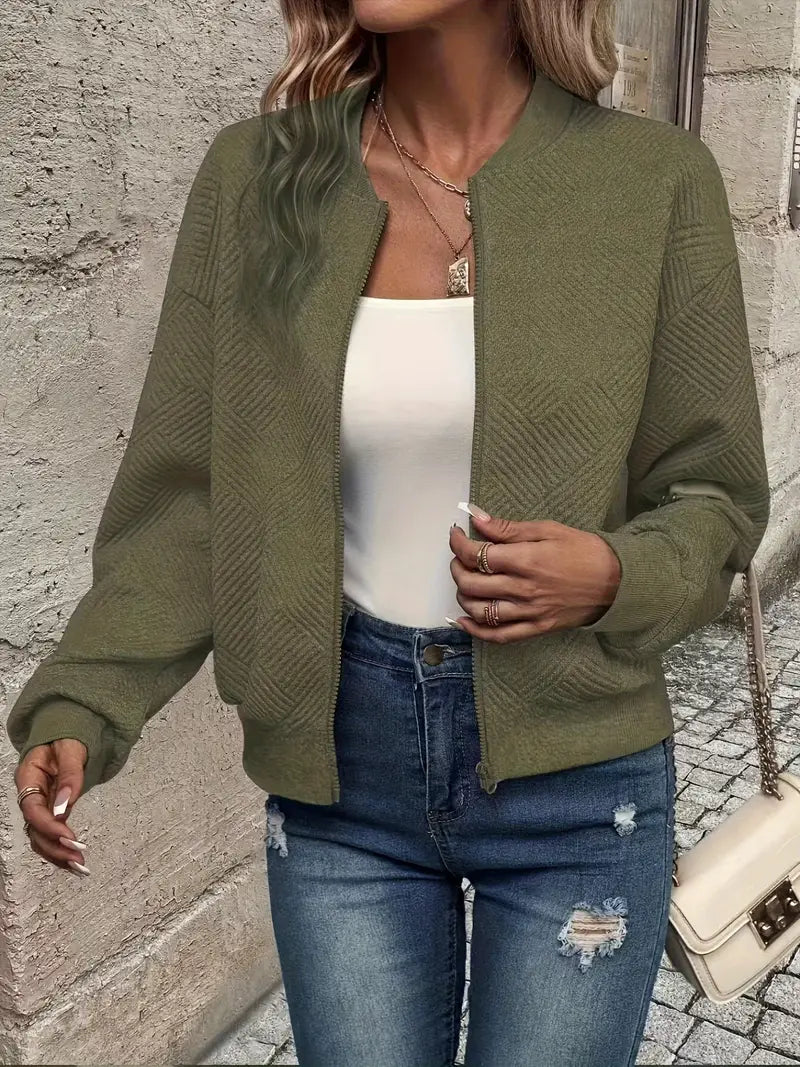Army Green casual zip front cardigan with ribbed trim