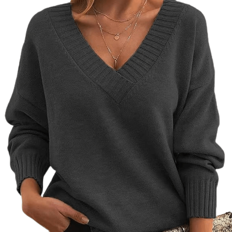 Fine knit V-neck sweater with ribbed trim and drop shoulders