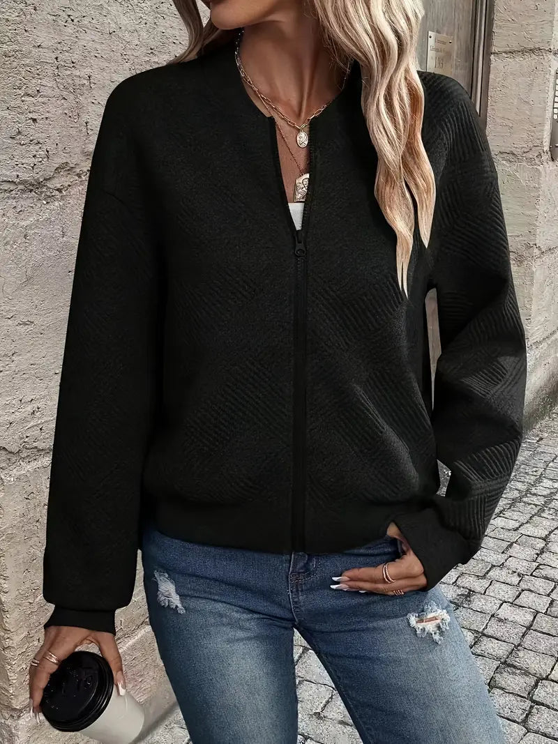 Blue casual zip front cardigan with ribbed trim