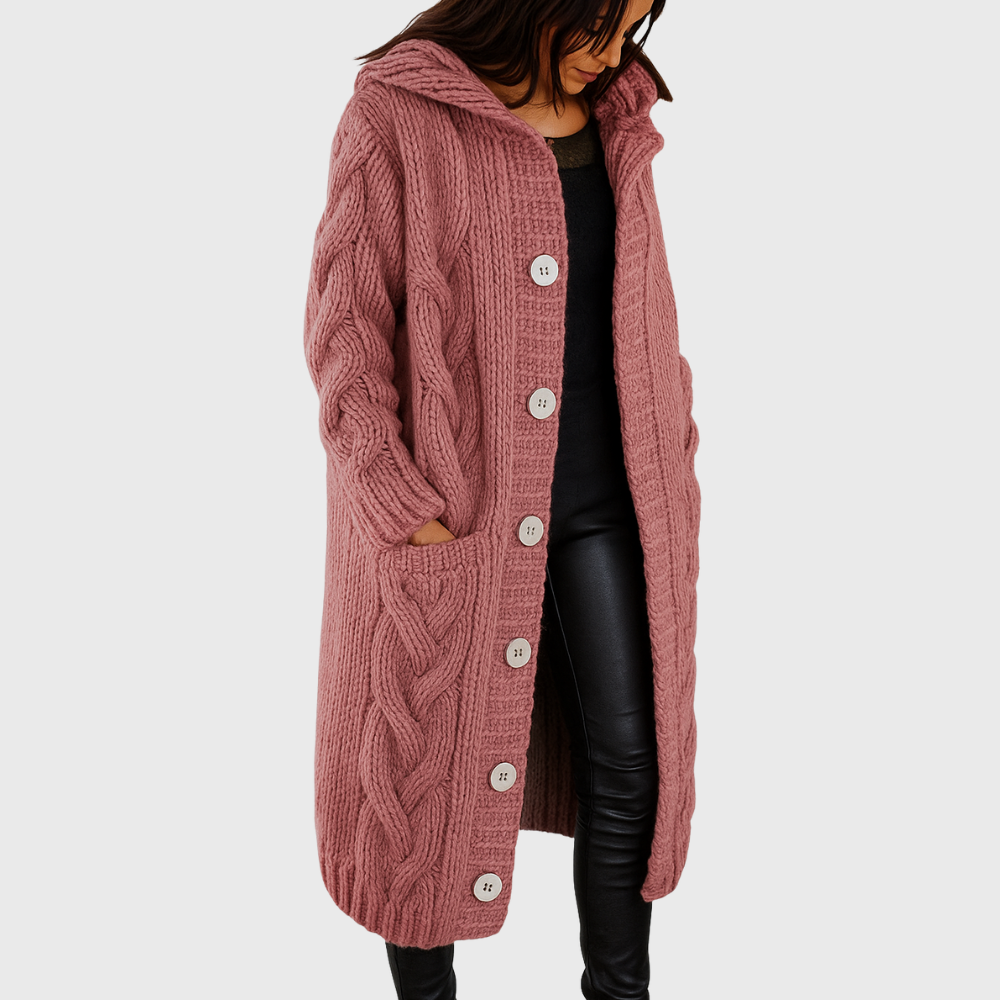 Hooded cable knit long cardigan with button front
