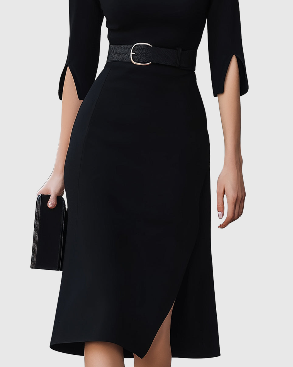 Black Midi Dress with High Neck and Belted Waist, view 5