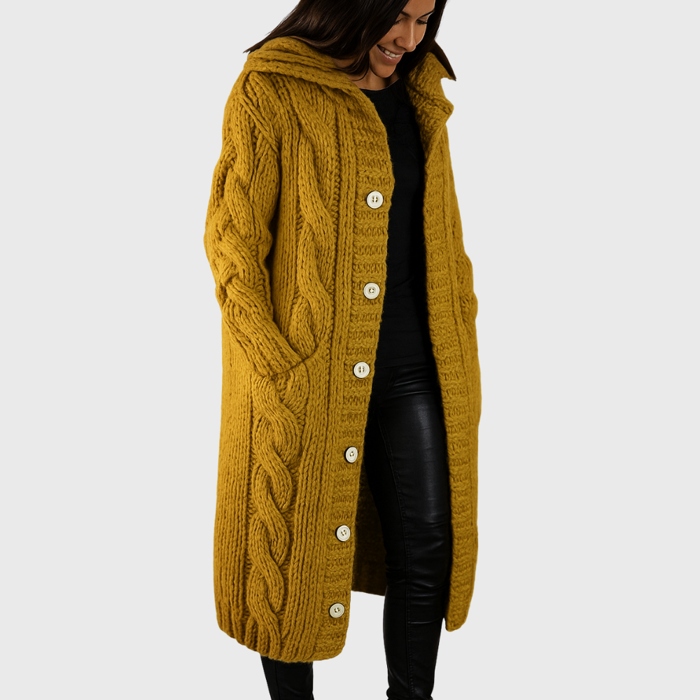 Hooded cable knit long cardigan with button front