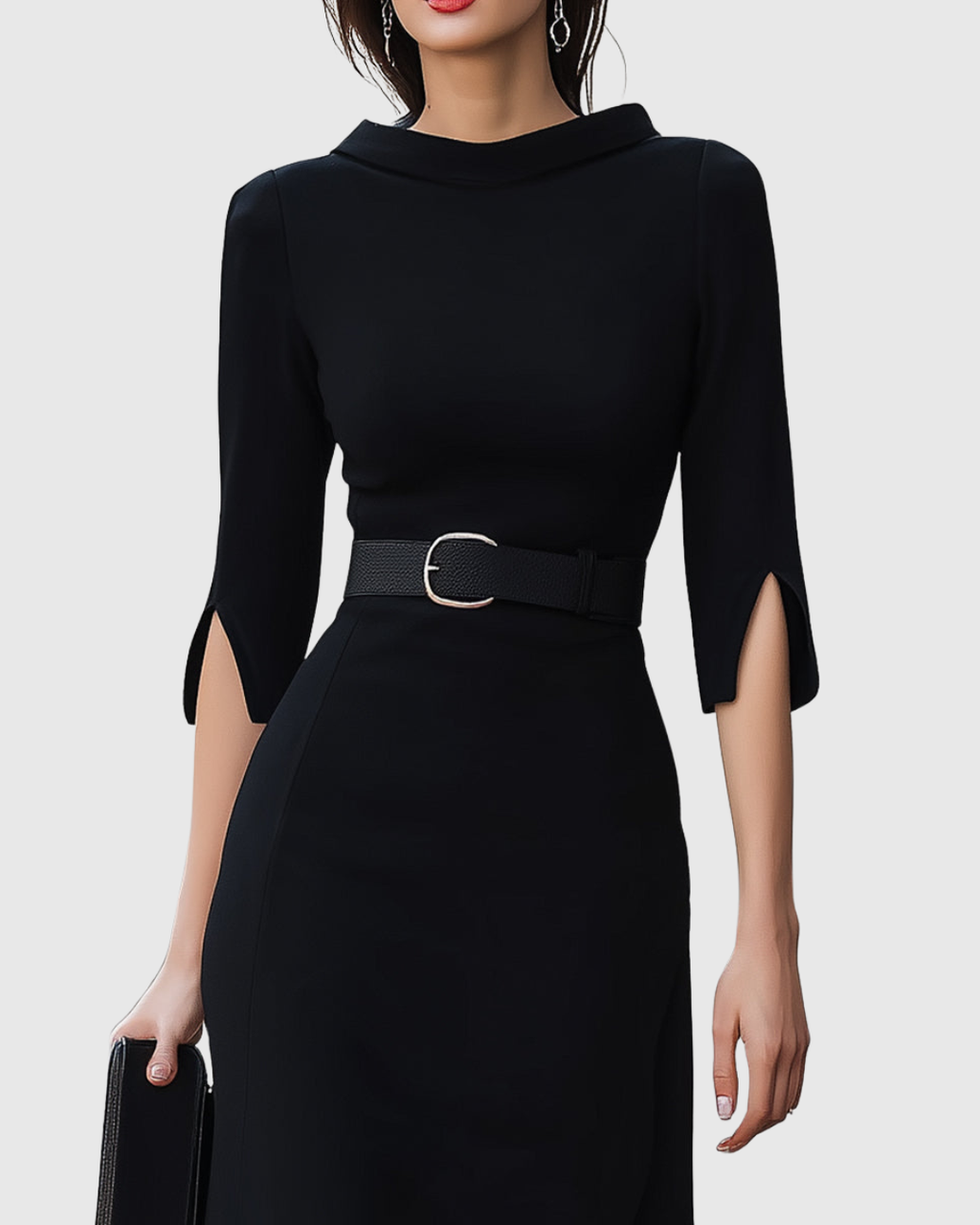 Black Midi Dress with High Neck and Belted Waist, view 4
