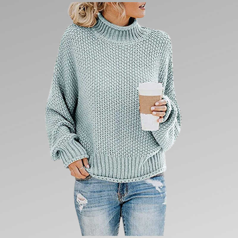 Baby Blue chunky knit turtleneck sweater with drop shoulder sleeves