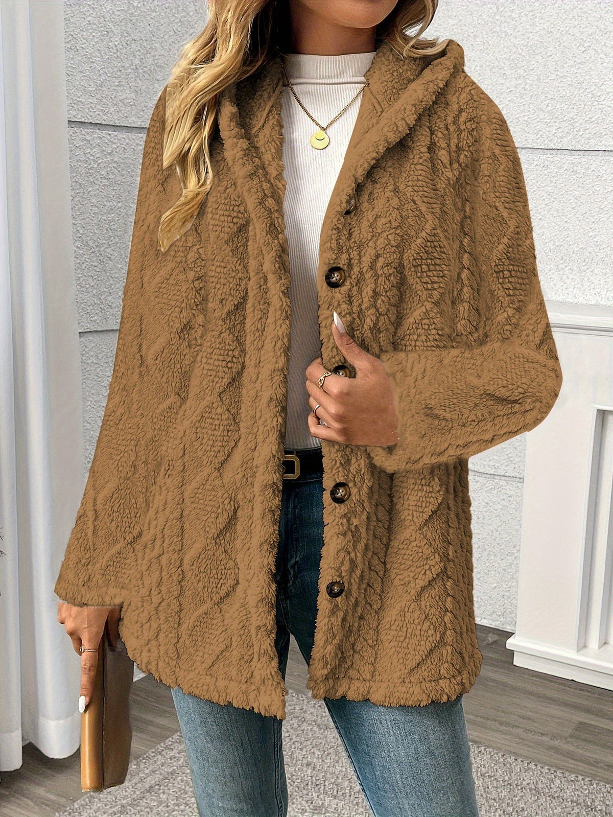 Hooded wool blend teddy coat