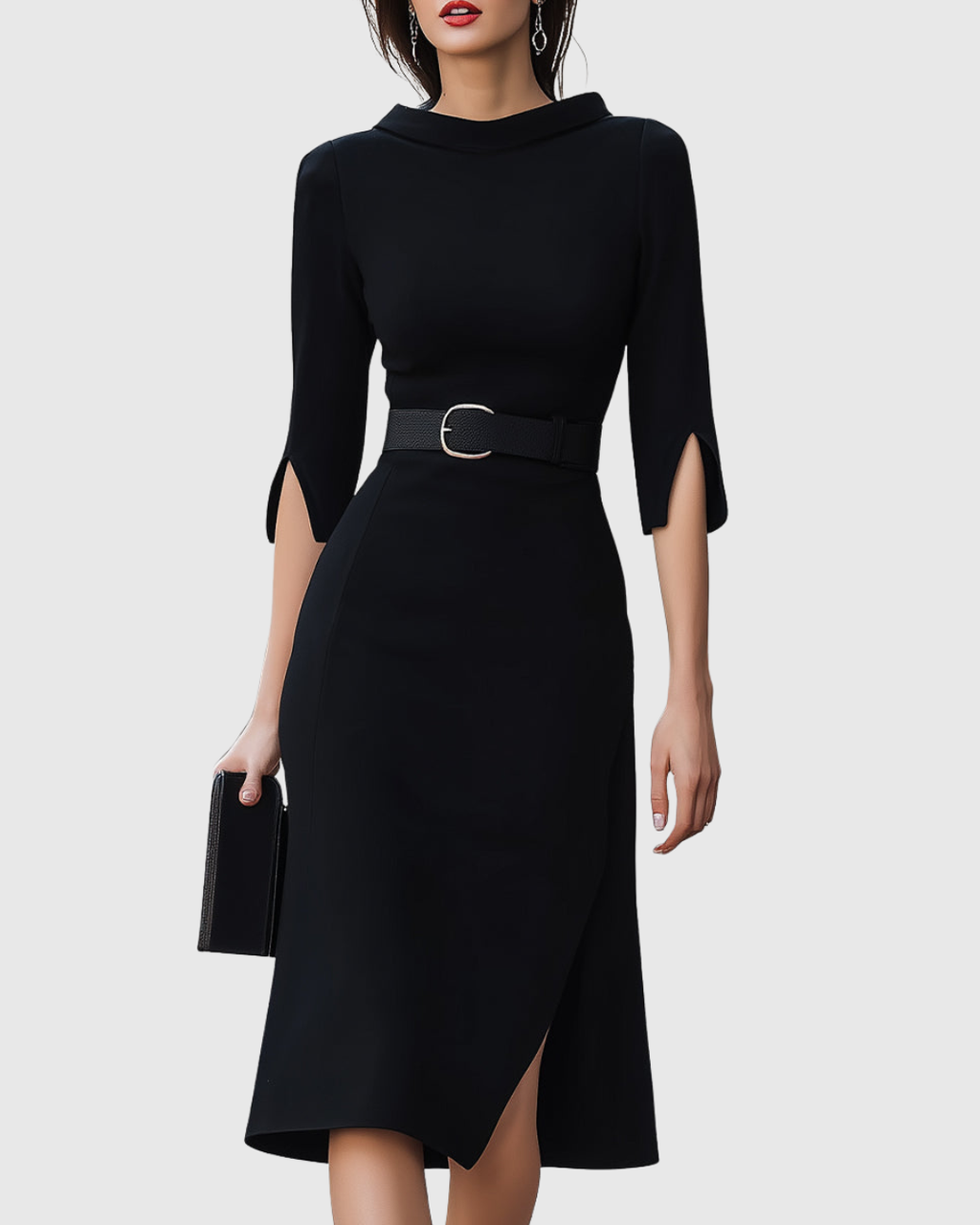 Black Midi Dress with High Neck and Belted Waist, view 2
