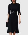 Black Midi Dress with High Neck and Belted Waist, view 2