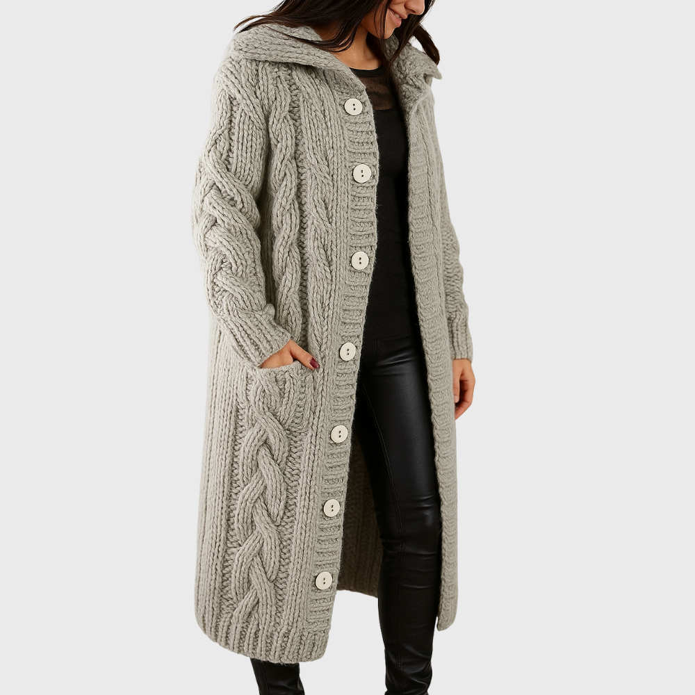 Hooded cable knit long cardigan with button front