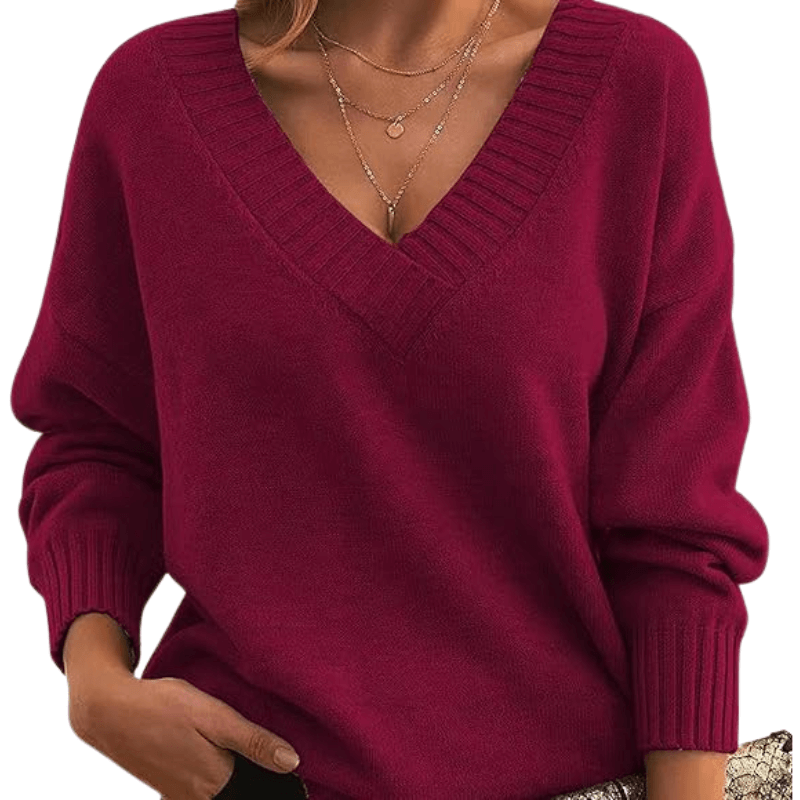 Fine knit V-neck sweater with ribbed trim and drop shoulders