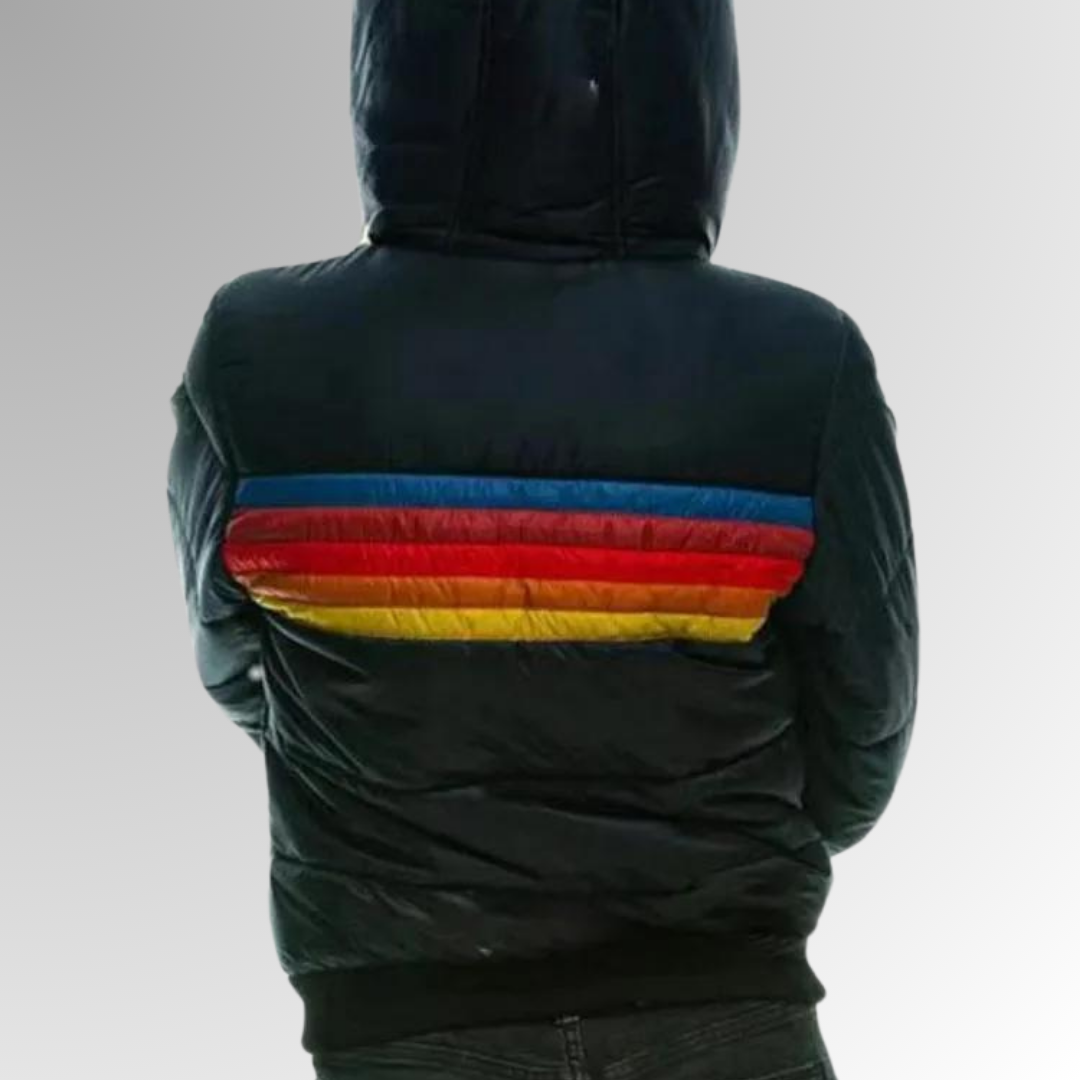 Retro striped quilted puffer jacket with hood