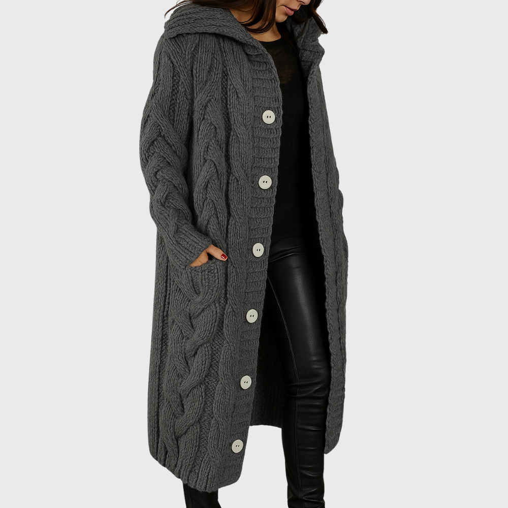 Hooded cable knit long cardigan with button front
