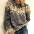 Gray Nordic pattern crew neck sweater with ribbed cuffs and hem, front view