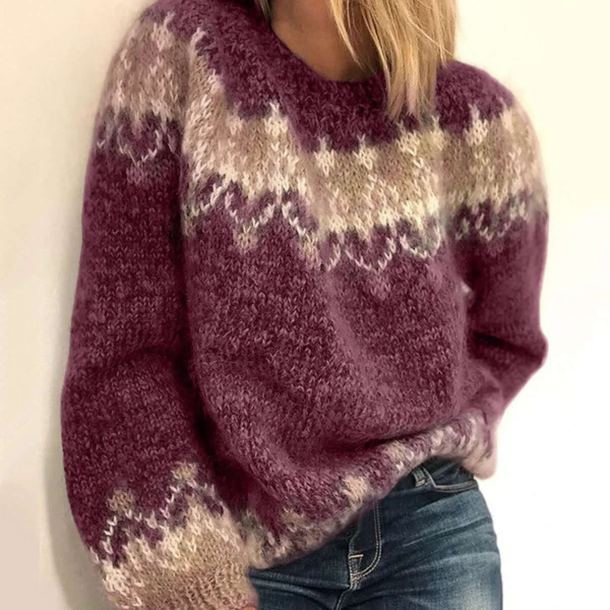 Nordic pattern crew neck sweater with ribbed cuffs and hem