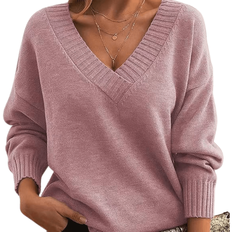 Fine knit V-neck sweater with ribbed trim and drop shoulders