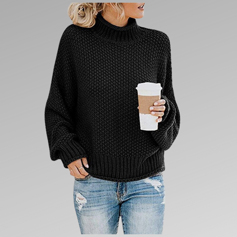 Black chunky knit turtleneck sweater with drop shoulder sleeves