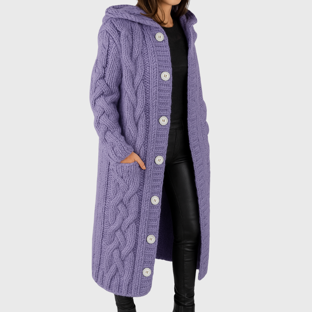 Hooded cable knit long cardigan with button front