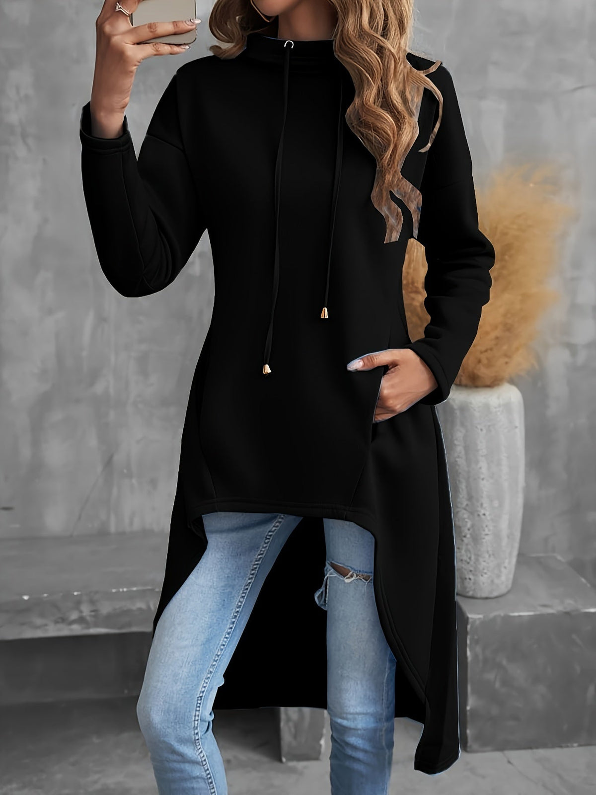 High-low drawstring hoodie