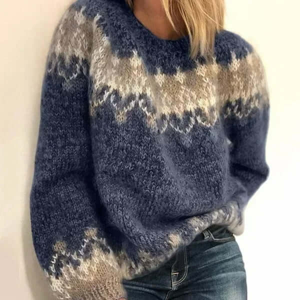 Blue Nordic pattern crew neck sweater with ribbed cuffs and hem