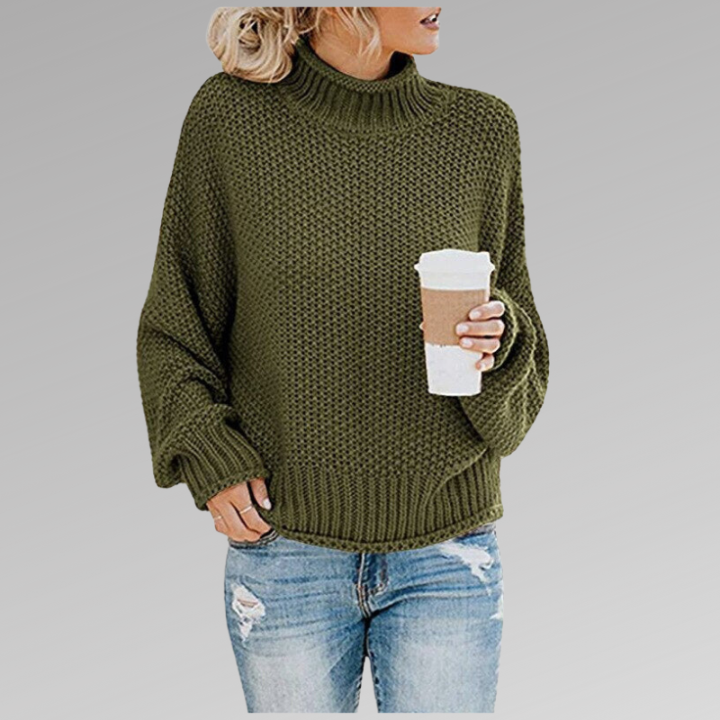 Green chunky knit turtleneck sweater with drop shoulder sleeves