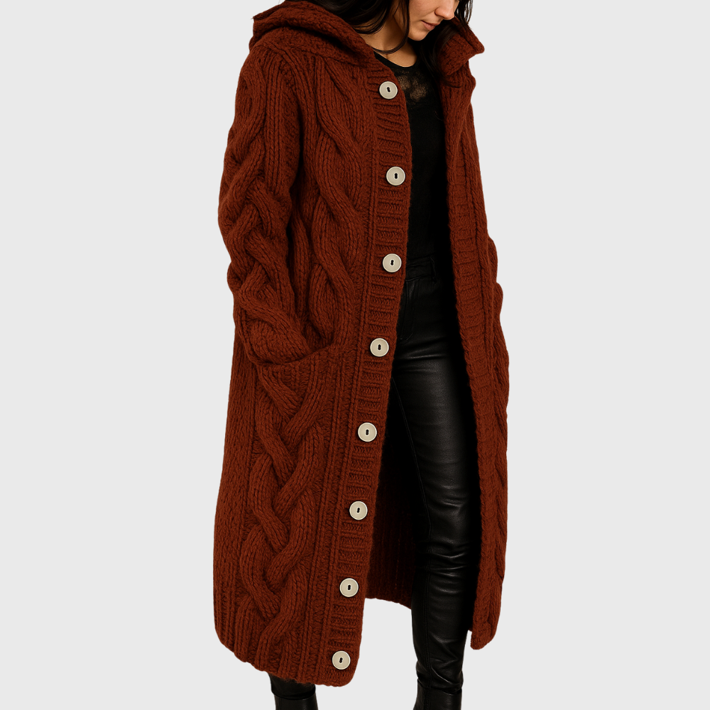 Hooded cable knit long cardigan with button front