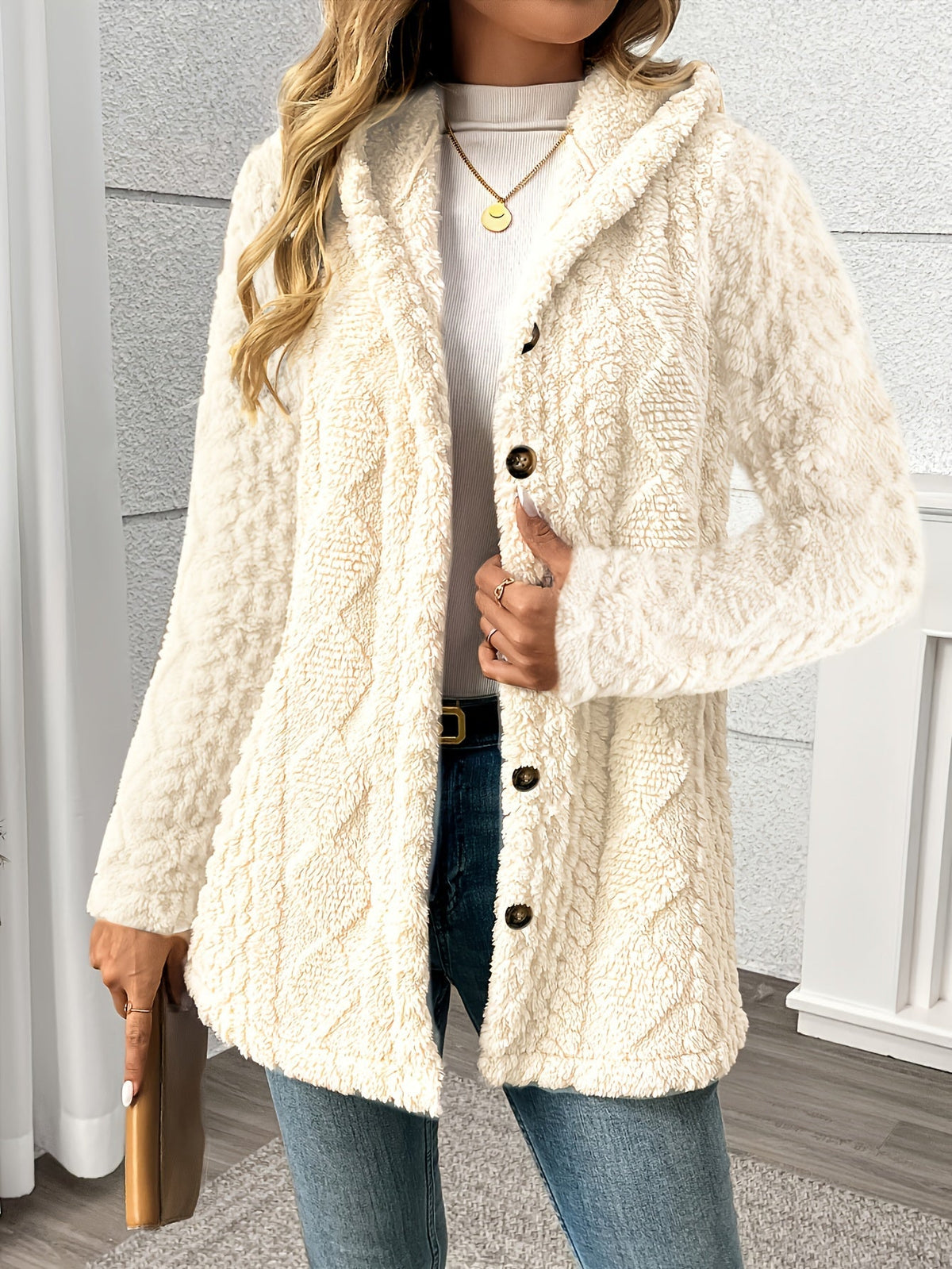 Hooded wool blend teddy coat