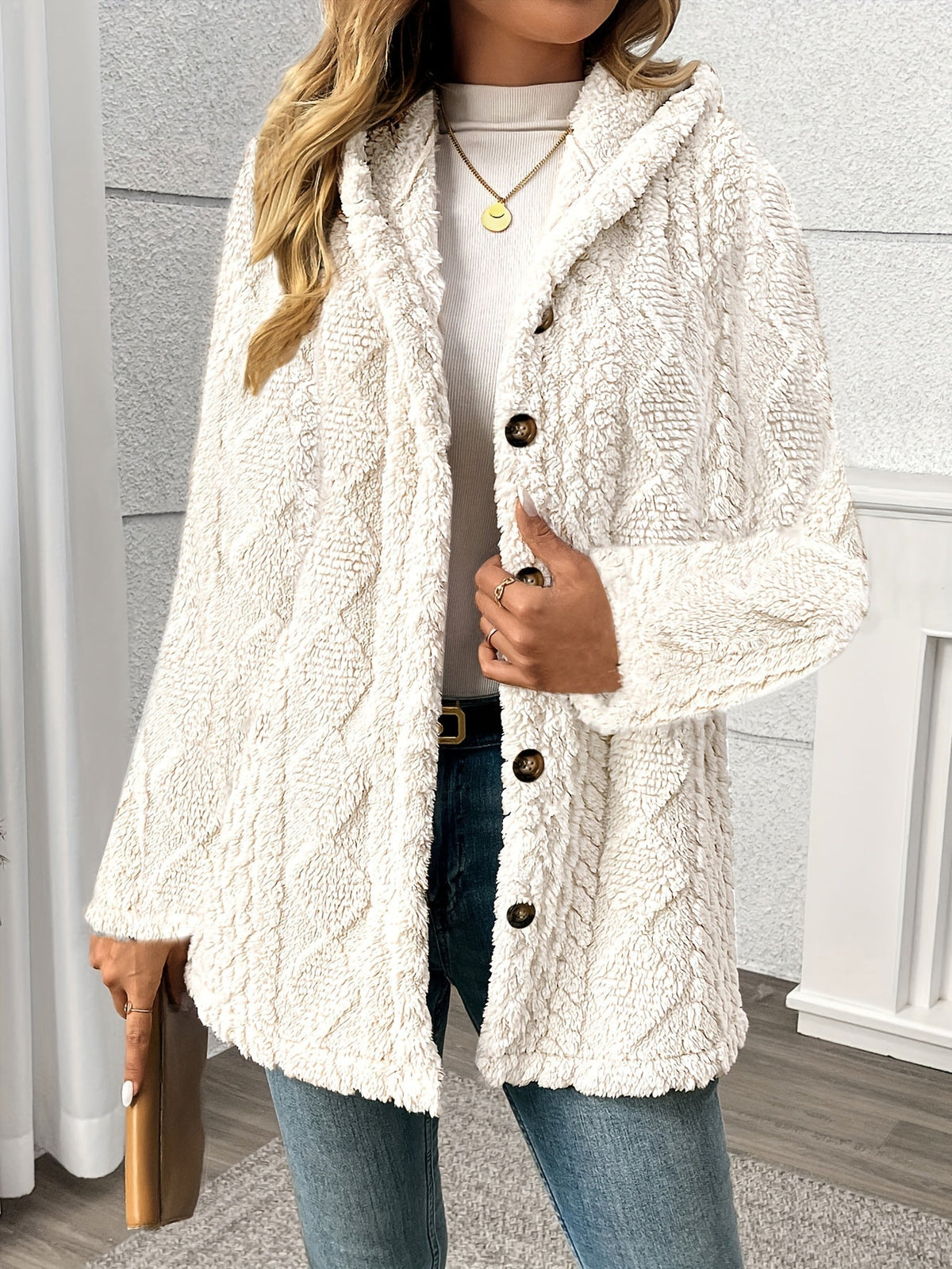 Hooded wool blend teddy coat, front view