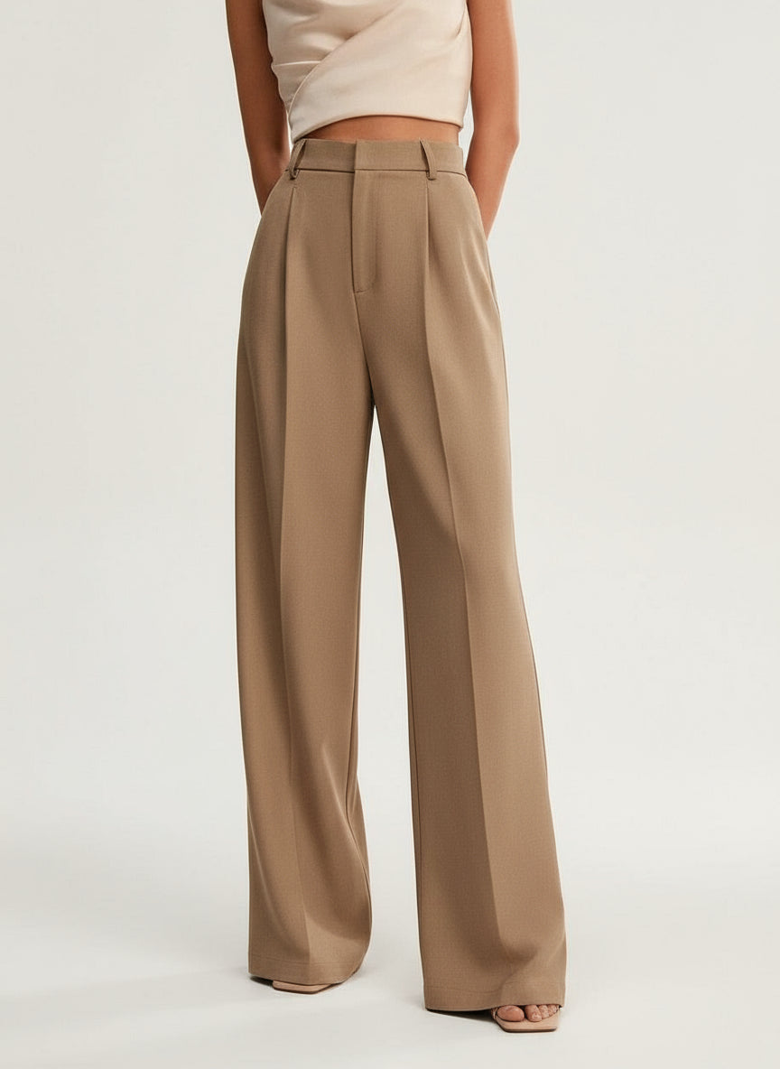 Camel high waist wide leg tailored pants front view