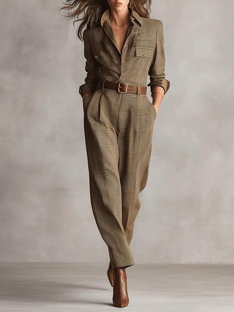 Khaki utility jumpsuit with belted waist and wide leg, front view