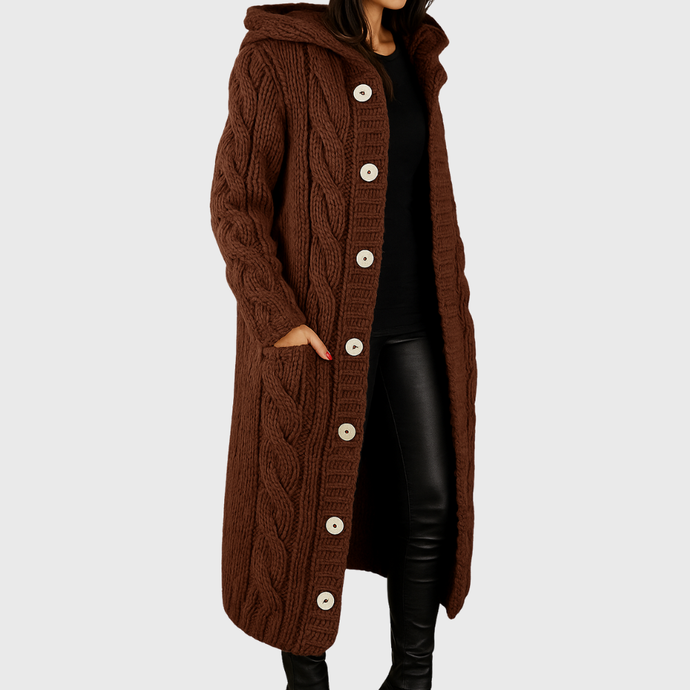 Hooded cable knit long cardigan with button front