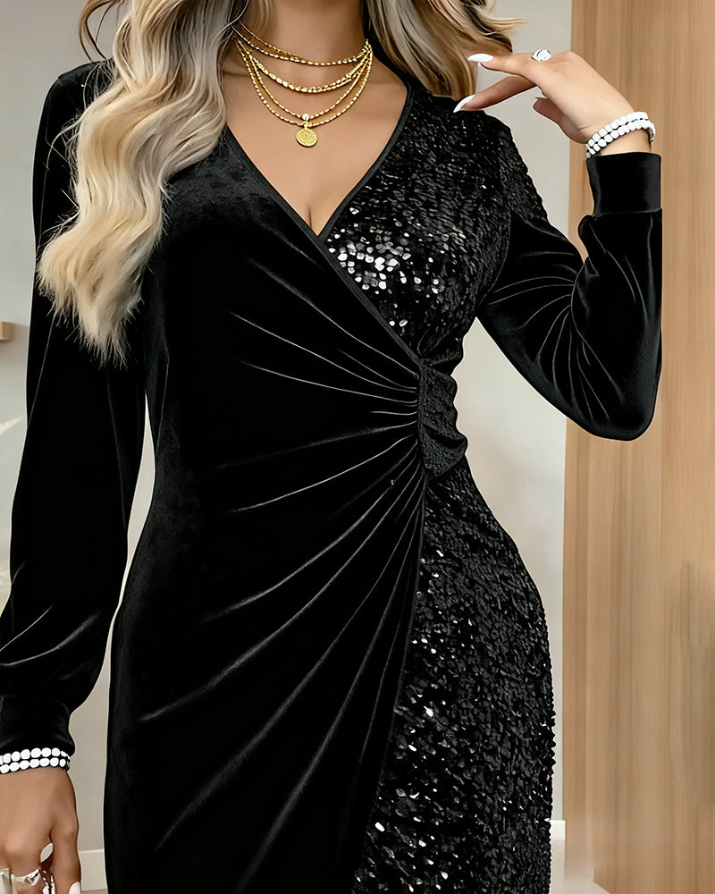 Yellow sequined velvet mini evening dress with long sleeves