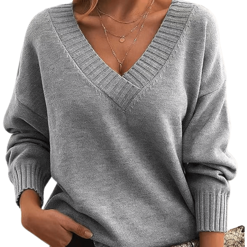 Fine knit V-neck sweater with ribbed trim and drop shoulders