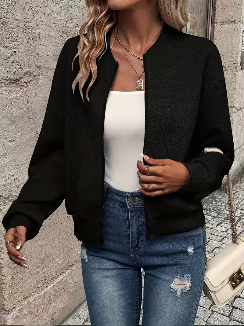 Blue casual zip front cardigan with ribbed trim