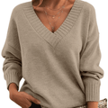 Light Brown fine knit V-neck sweater with ribbed trim, front view