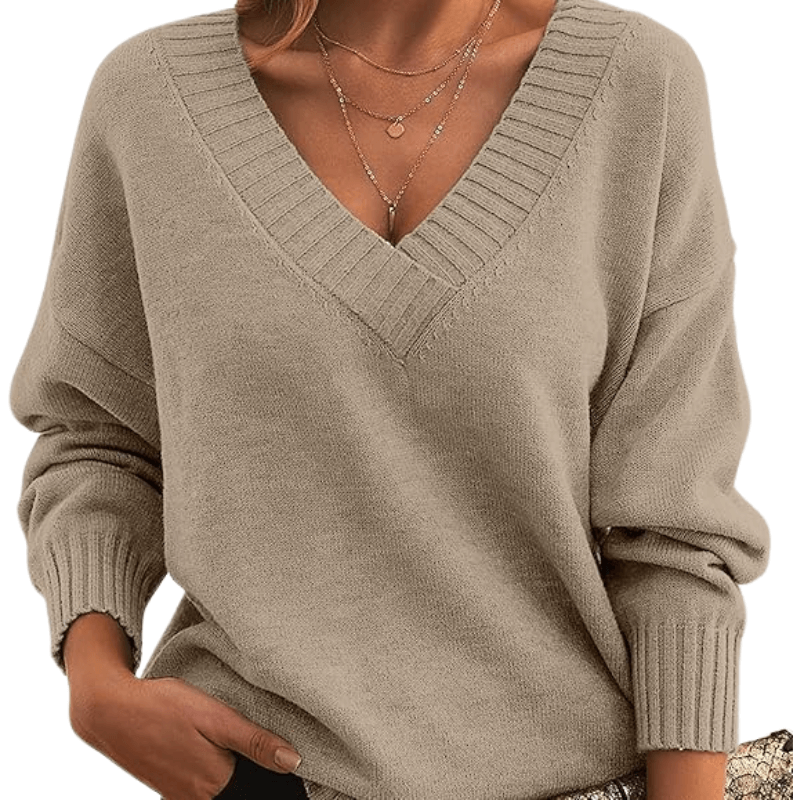 Light Brown fine knit V-neck sweater with ribbed trim, front view