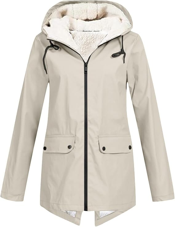 Beige fleece lined hooded jacket with zip front and flap pockets, front view