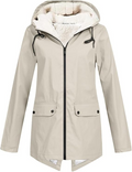Beige fleece lined hooded jacket with zip front and flap pockets, front view