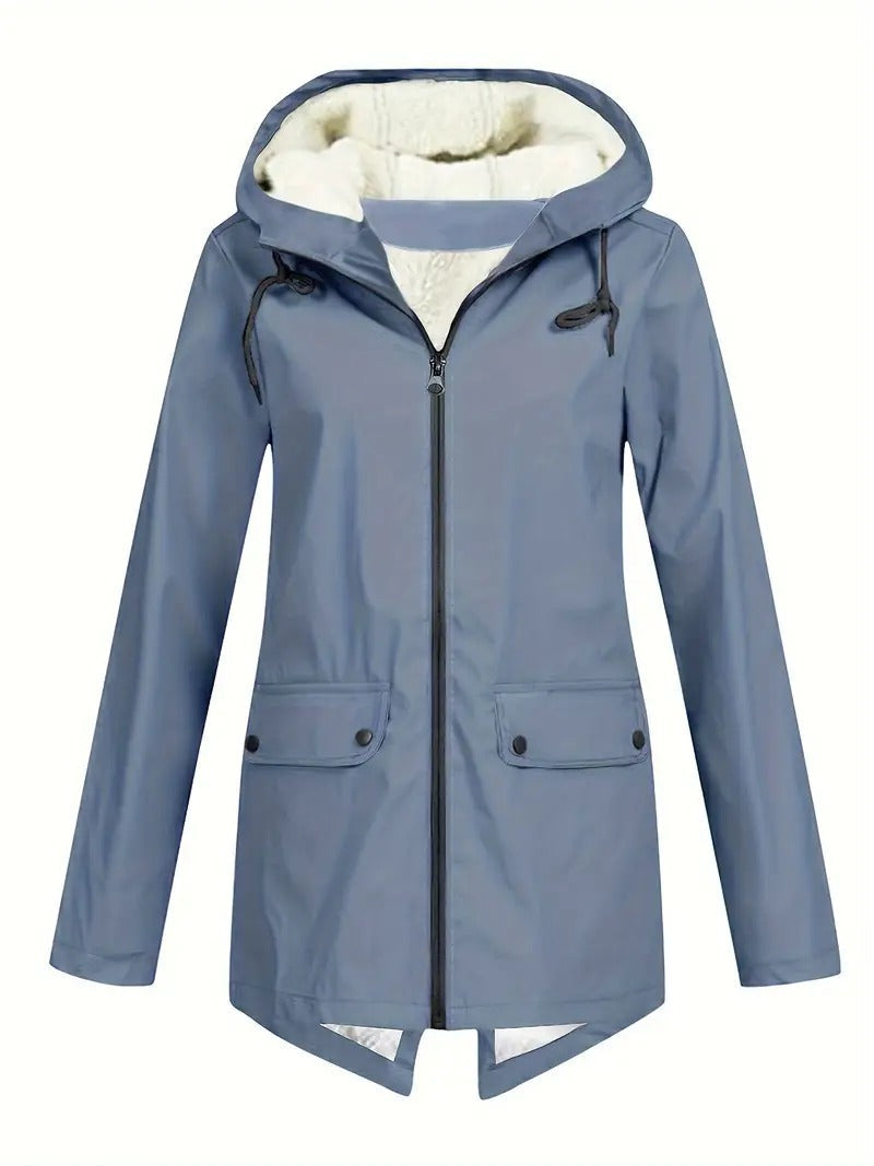 Fleece lined hooded jacket with zip front and flap pockets